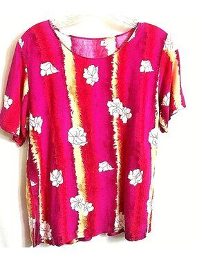 Hawaiian Floral Women Top Blouse Size Junior L  Short Sleeves Hot Pink White VGC
